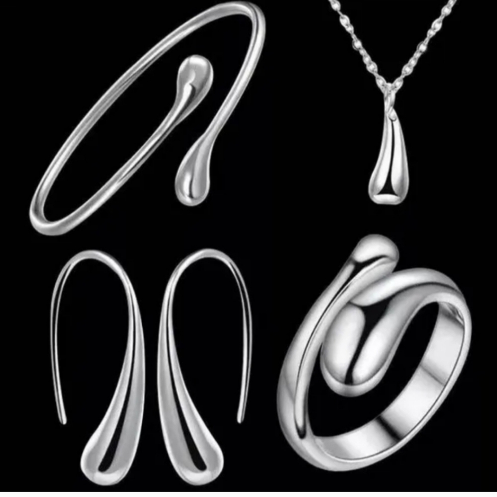 925 Sterling Silver Waterdrop Jewelry Set Bracelet Necklace Earrings Ring - Picture 6 of 16